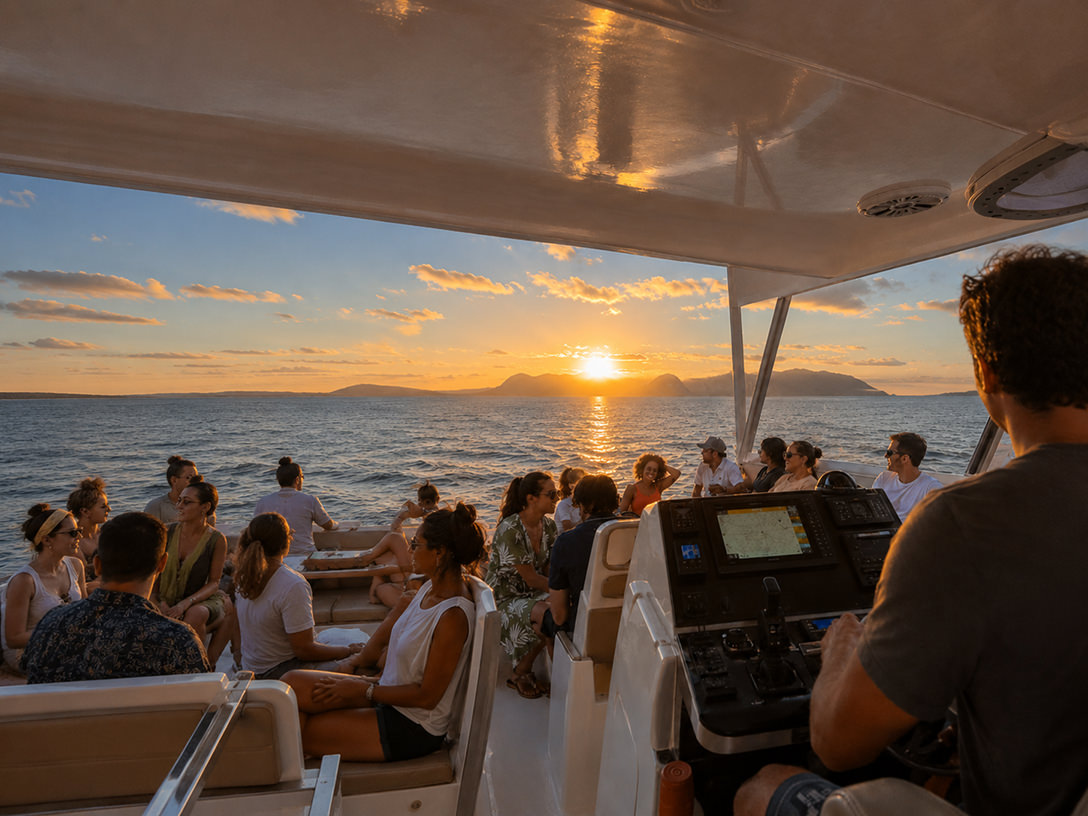 Pessoas a bordo de uma embarcação navegando próximo à costa