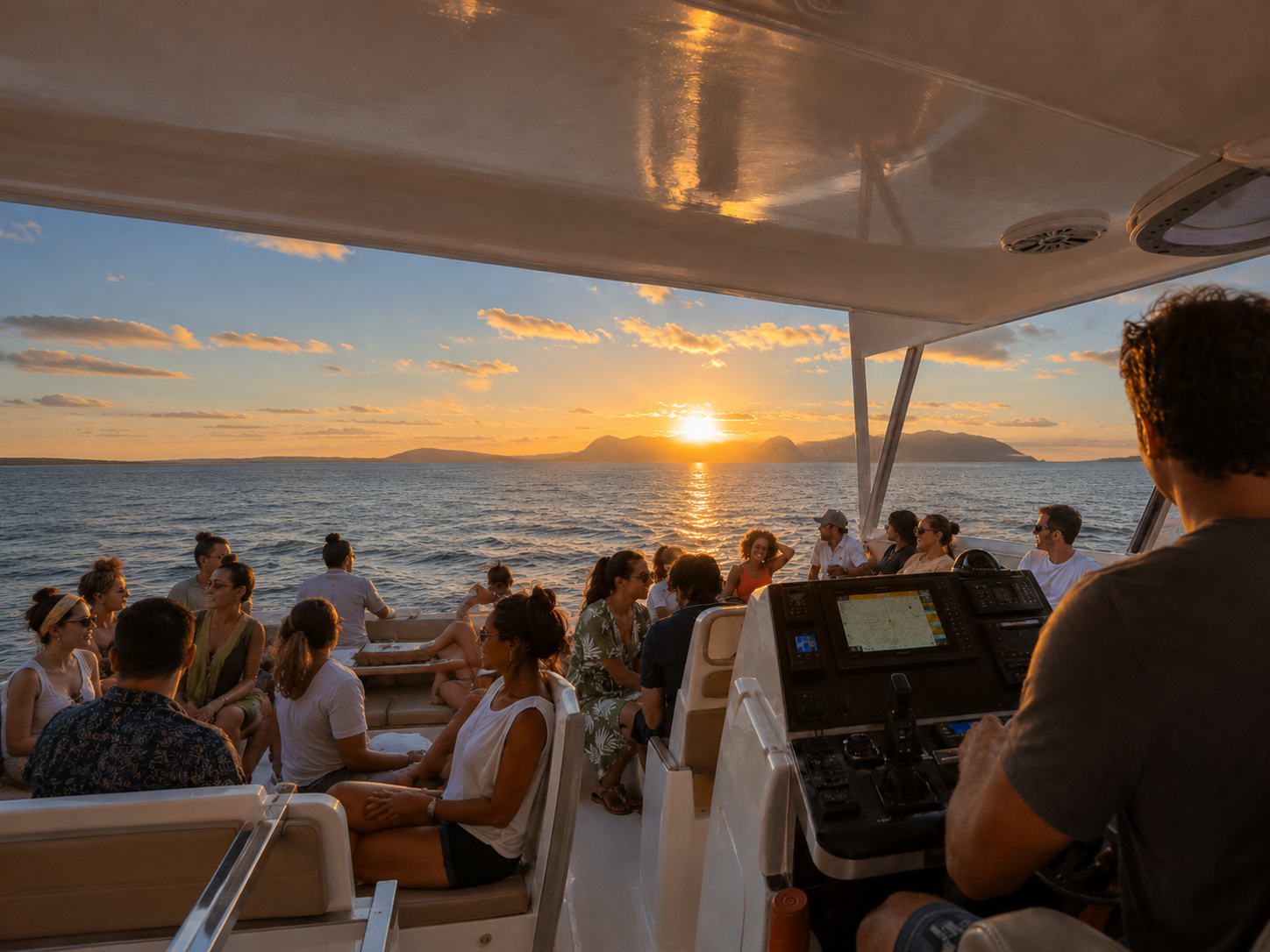 Pessoas a bordo de uma embarcação navegando próximo à costa